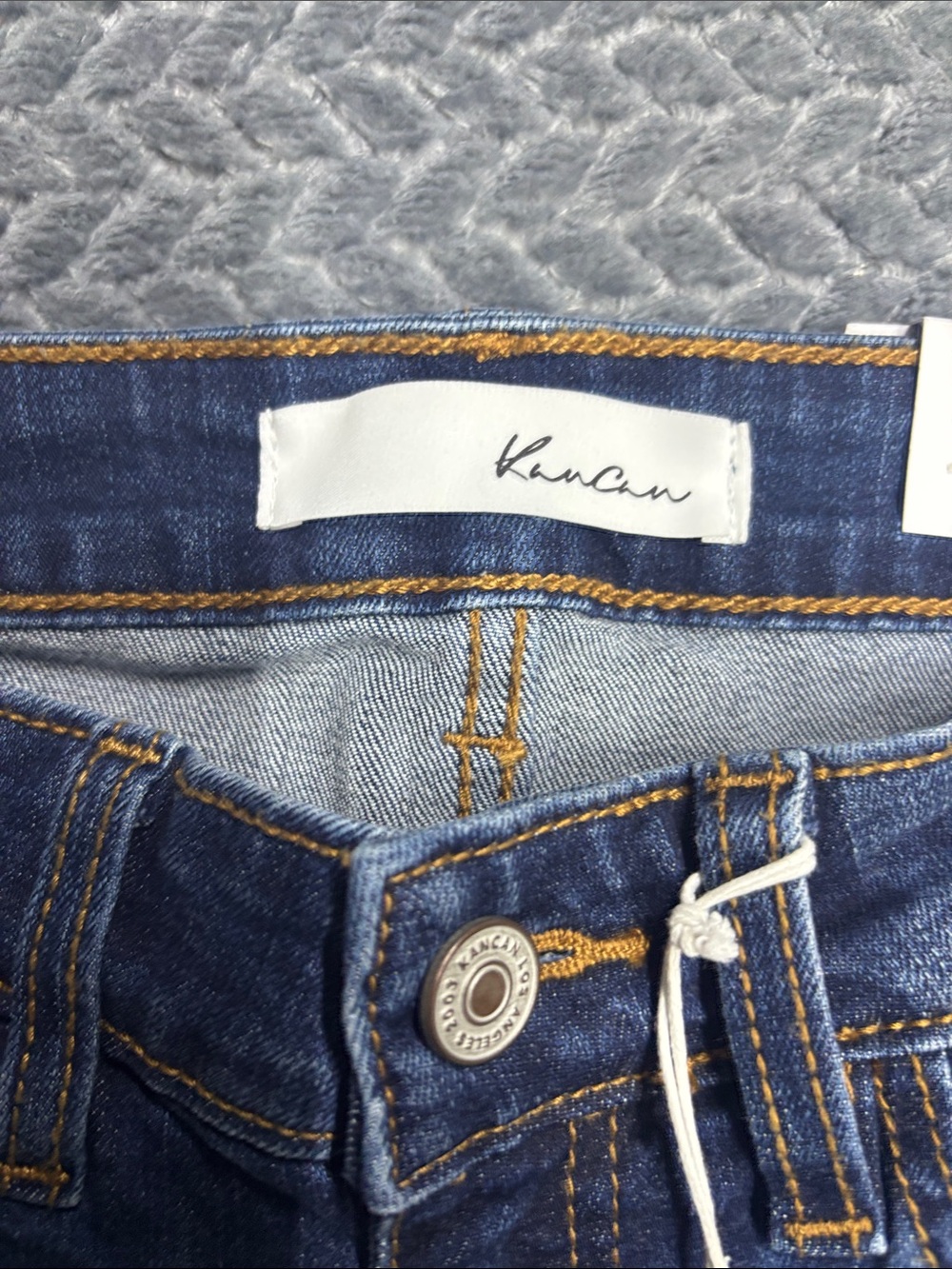 KanCan Dark Blue Distressed Jeans with Yellow Leopard Patch & Cuff - Picture 2 of 8